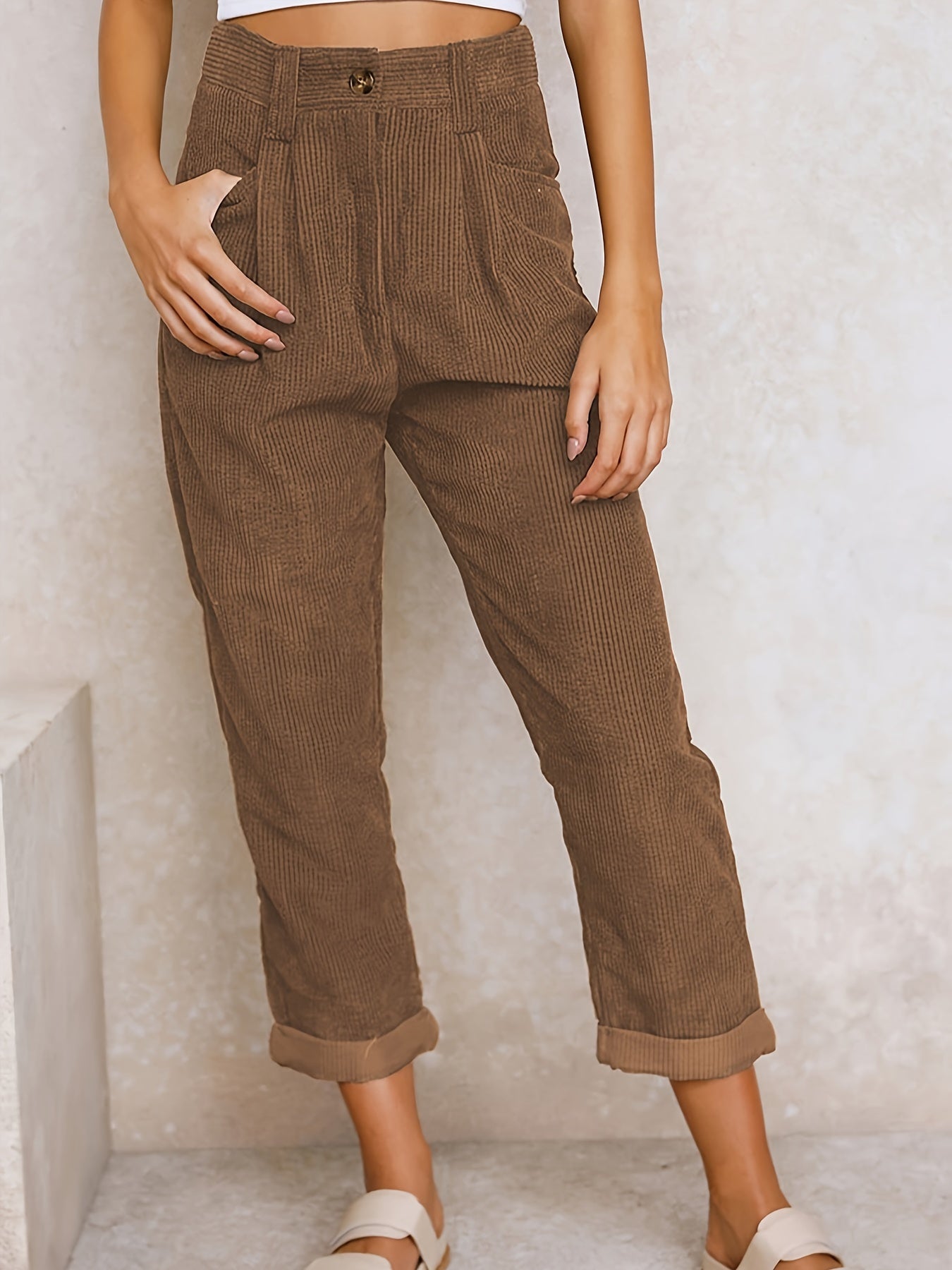 Corduroy broek - Losse pasvorm - Baggy - Hoge taille - Damesbroek-Boutique Moda