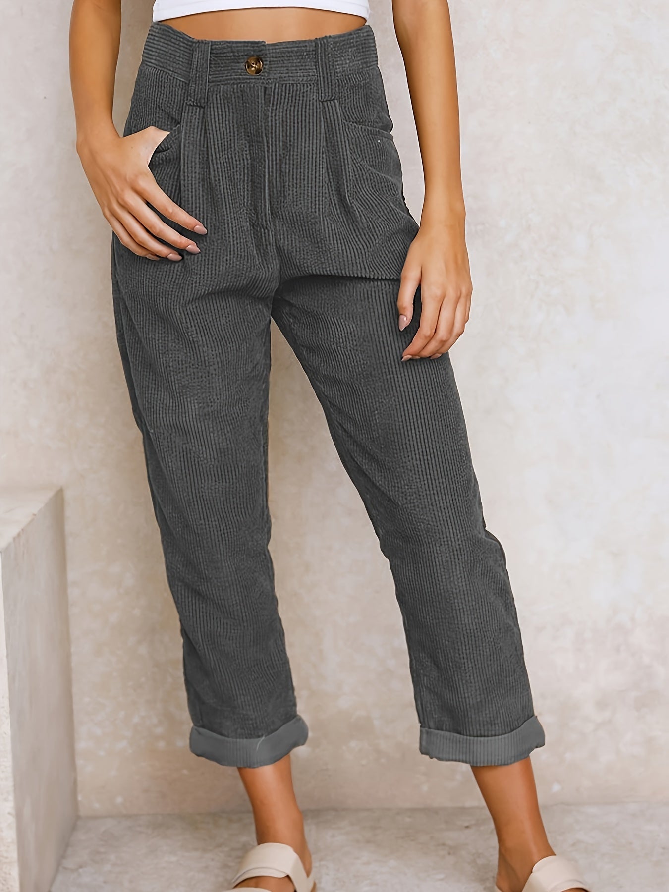 Corduroy broek - Losse pasvorm - Baggy - Hoge taille - Damesbroek-Boutique Moda