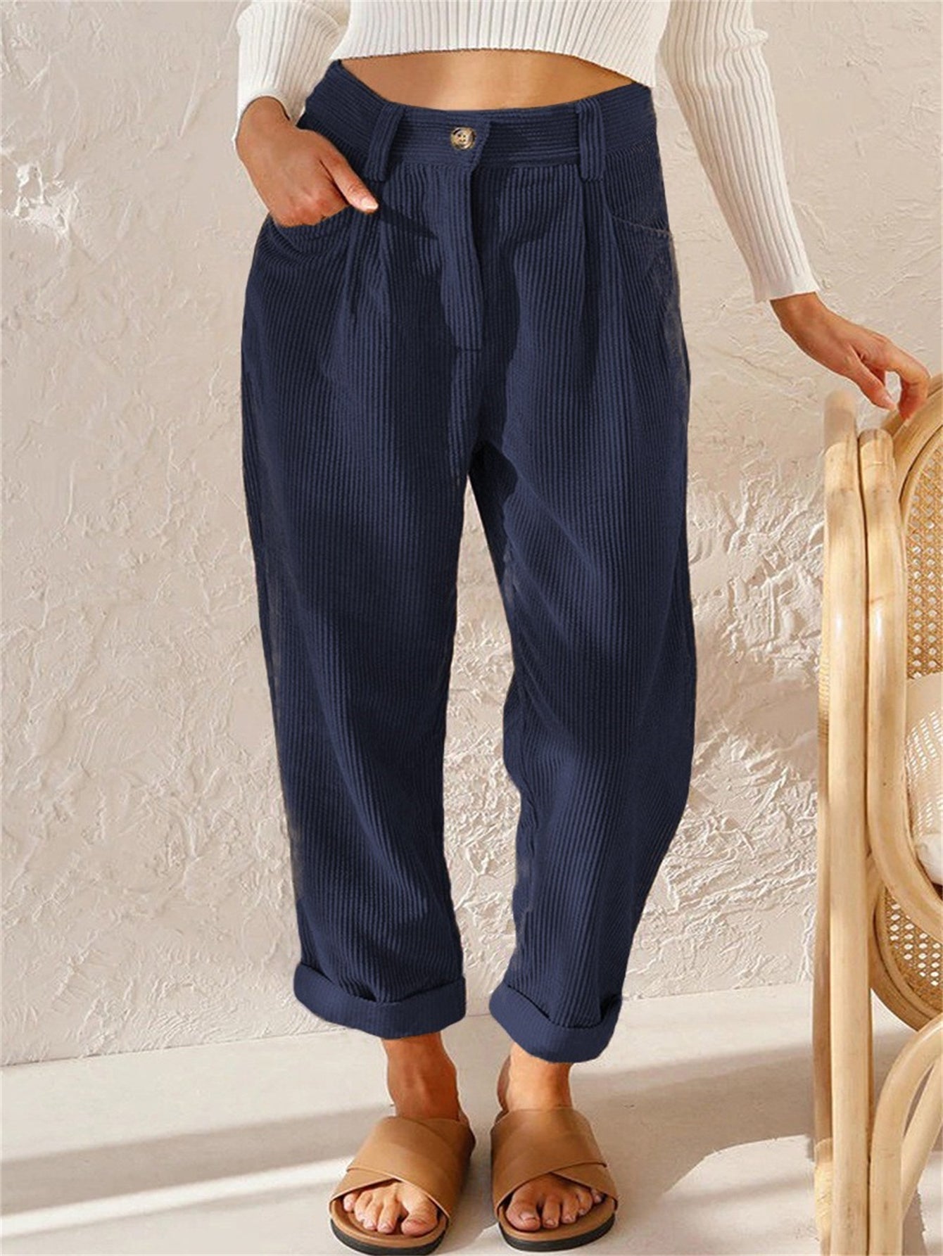 Corduroy broek - Losse pasvorm - Baggy - Hoge taille - Damesbroek-Boutique Moda
