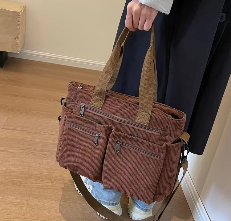 Corduroy tas - Multi-zak schoudertas met lange riem voor dames-Boutique Moda