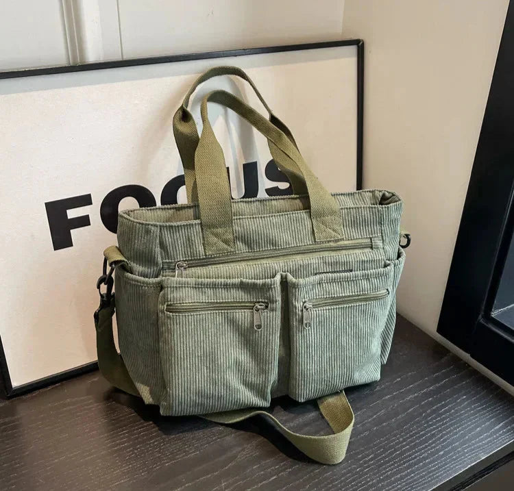 Corduroy tas - Multi-zak schoudertas met lange riem voor dames-Boutique Moda