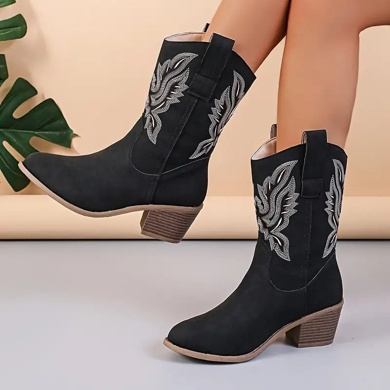 Cowboylaarzen - Vrouwen Mid Calf Block Heel Cowgirl Laarzen-Boutique Moda