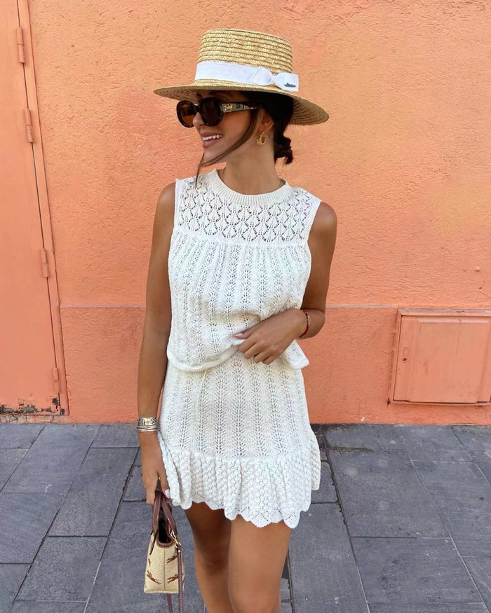 Crochet Co Ord - Wit dames minirokje en topje tweedelige set voor de zomer-Boutique Moda