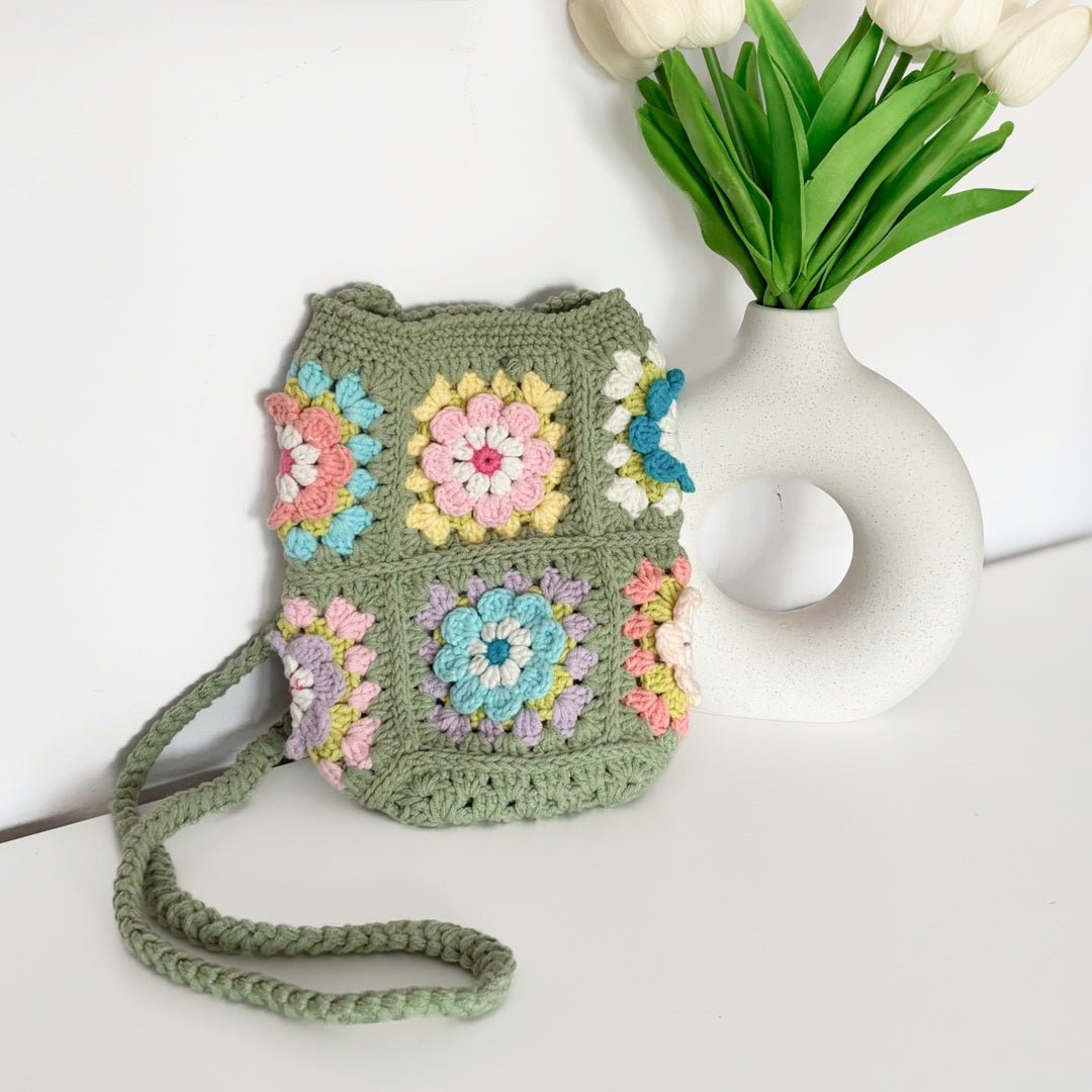 Crossbody Tas Dames | Gehaakt Bloemen | Roze Paars Groen-Boutique Moda