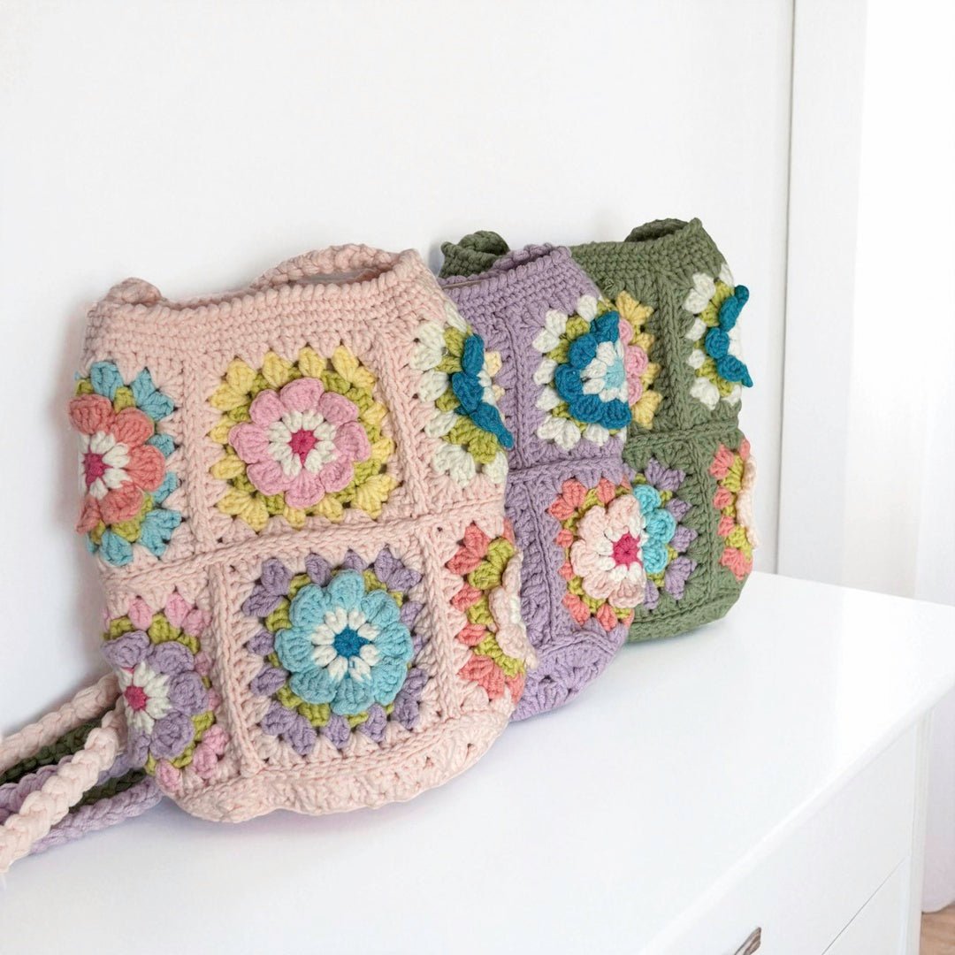 Crossbody Tas Dames | Gehaakt Bloemen | Roze Paars Groen-Boutique Moda
