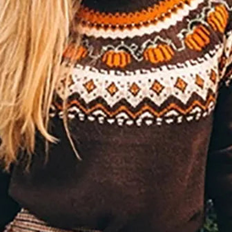 Damestrui met Halloween - Bruin - Gebreid - Pompoen Trui - Halloween Trui-Boutique Moda