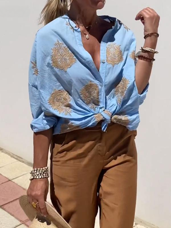 Damesknoopblouse - Boho - Los model - Shirt met lange mouwen - Dameslinnen overhemd-Boutique Moda