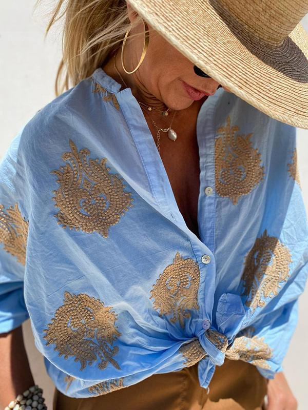 Damesknoopblouse - Boho - Los model - Shirt met lange mouwen - Dameslinnen overhemd-Boutique Moda