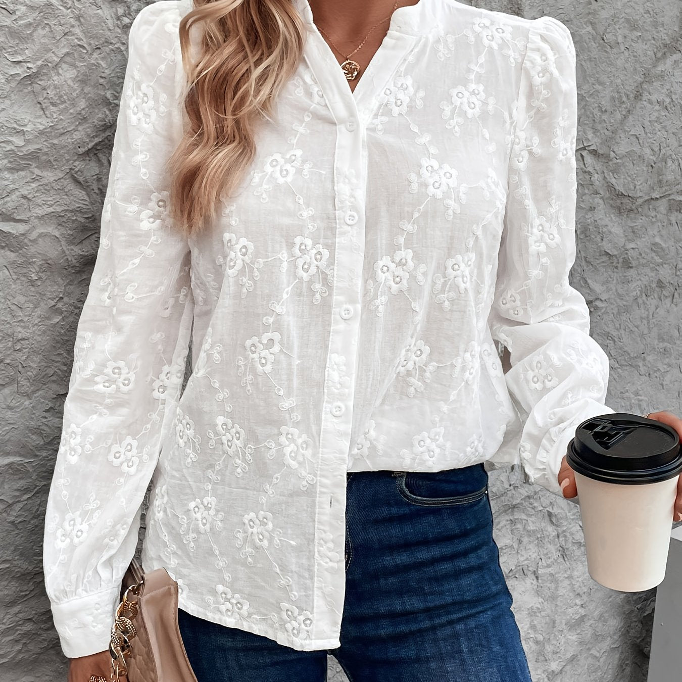 Damesoverhemd - Geborduurd - Lange mouwen - Wit overhemd - Blouse met knopen-Boutique Moda
