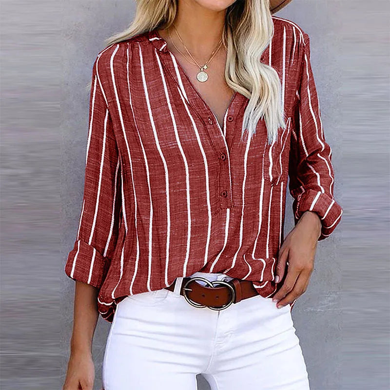 Damesoverhemd - Knoopsluiting - Losse pasvorm - Gestreepte overhemd - Linnen blouse-Boutique Moda