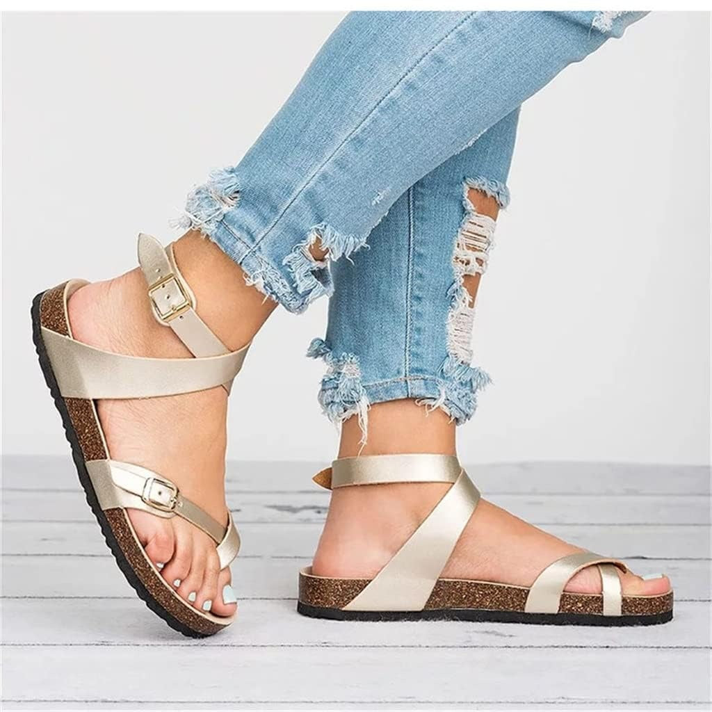 Platte sandalen dames | Teenslipper met enkelband | Kurklook voetbed-Boutique Moda