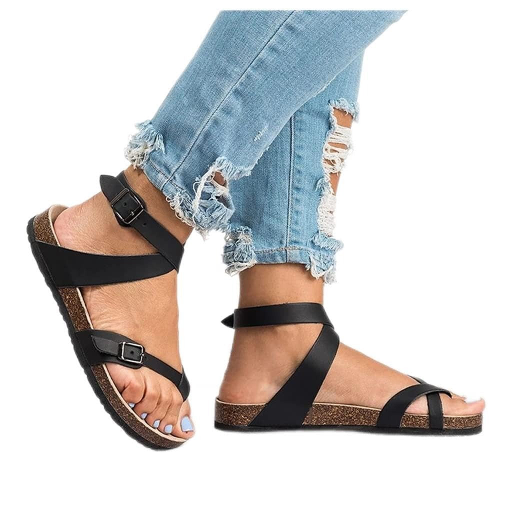 Platte sandalen dames | Teenslipper met enkelband | Kurklook voetbed-Boutique Moda