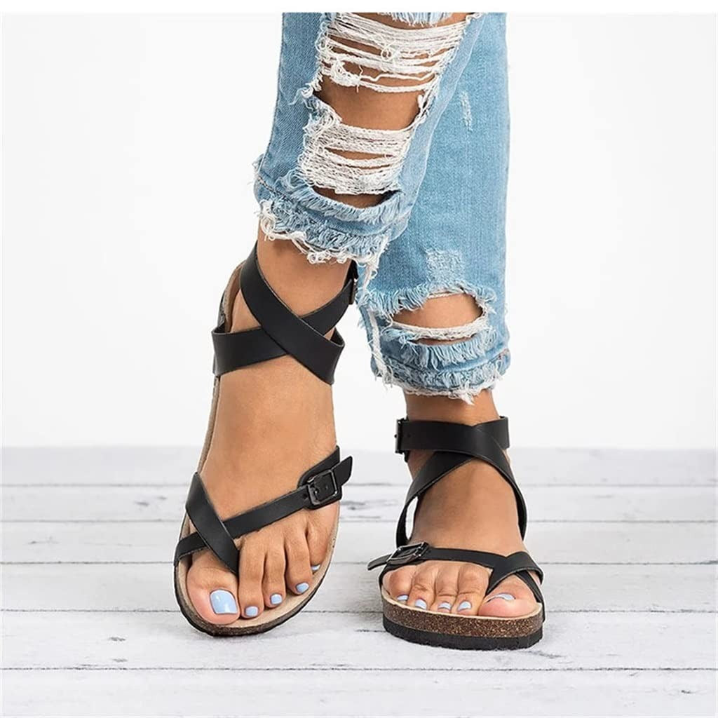 Platte sandalen dames | Teenslipper met enkelband | Kurklook voetbed-Boutique Moda