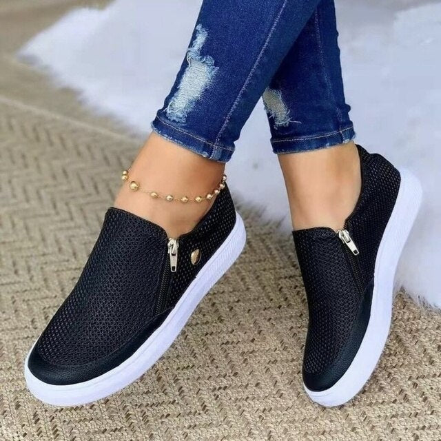 Damessneakers van Mesh - Casual Platte Schoenen met Rits aan de Zijkant-Boutique Moda