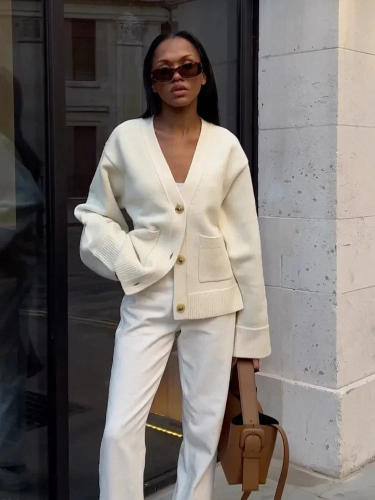 Damesvest | V-hals | Zakken | Button-Up Vest | Gebreid Vest-Boutique Moda