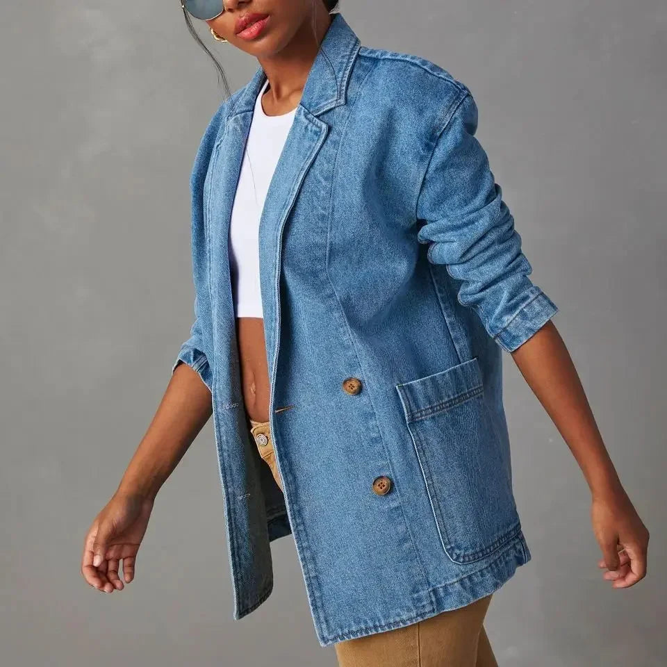 Denim Blazer | Lang | Blauw | Denim Jas | Blazer voor Vrouwen-Boutique Moda