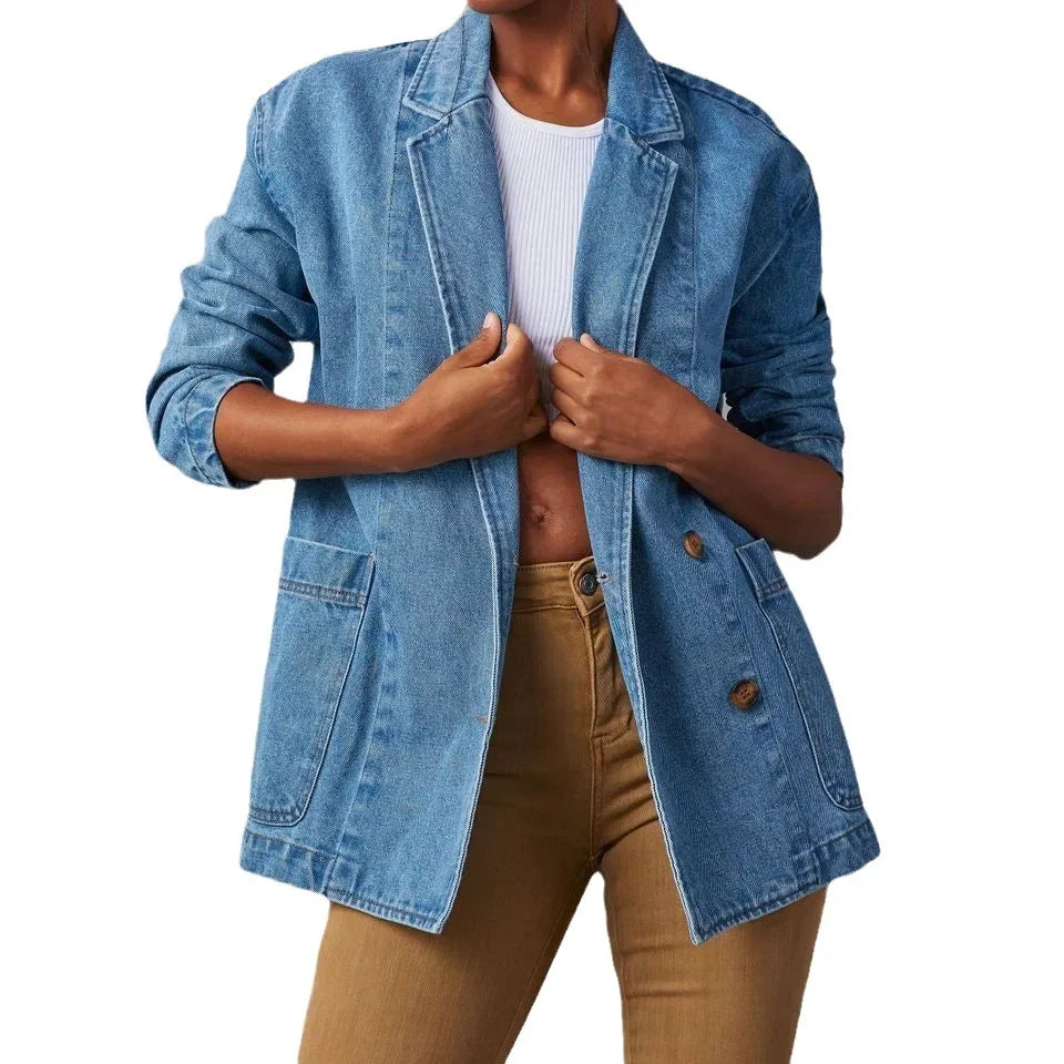 Denim Blazer | Lang | Blauw | Denim Jas | Blazer voor Vrouwen-Boutique Moda