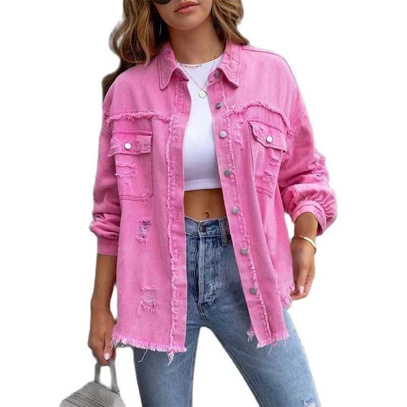 Denim Jacket - Grote gescheurde denim overhemdjas voor dames-Boutique Moda
