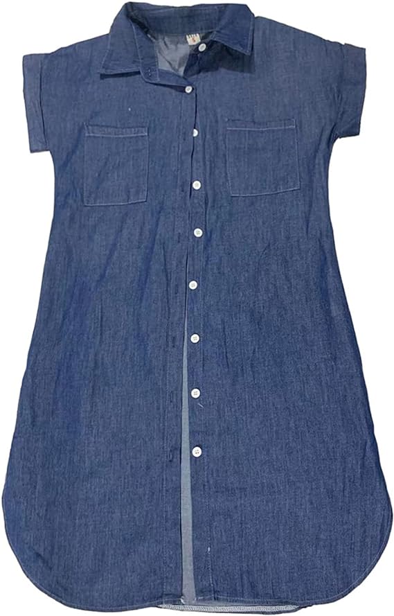 Denim Jurk - Korte Mouw - Los model - Overhemd Jurk - Button-Up Jurk-Boutique Moda