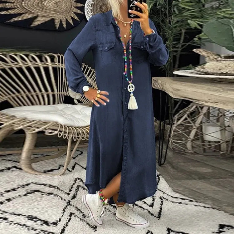 Denim Jurk - Lange Mouw - Knoopsluiting - Overhemd Jurk - Maxi Jurk-Boutique Moda