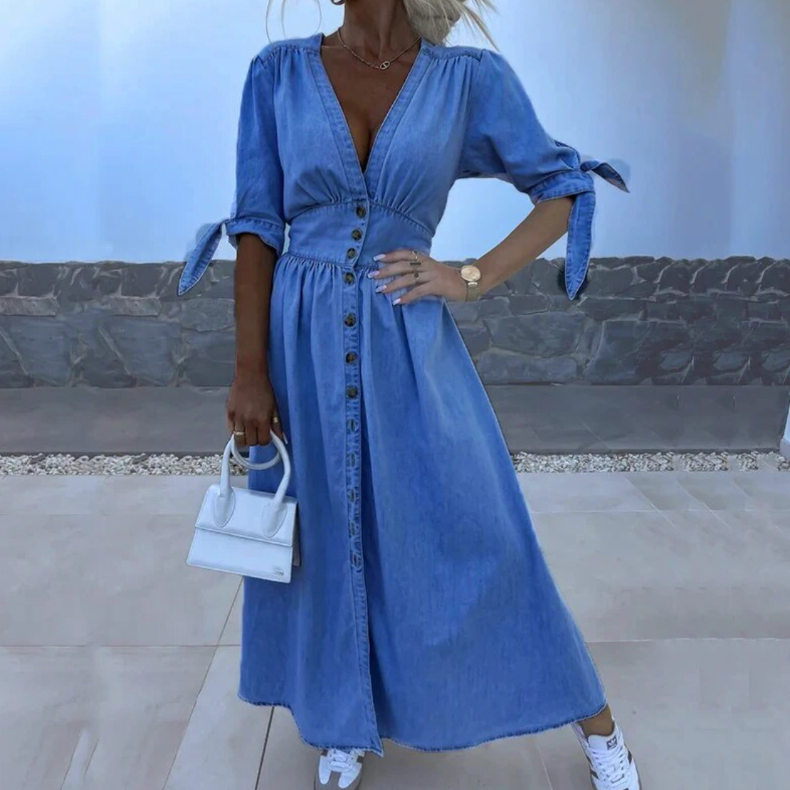 Denim Jurk - V Hals - Halve Mouw - Maxi Jurk - Lange Jurken-Boutique Moda