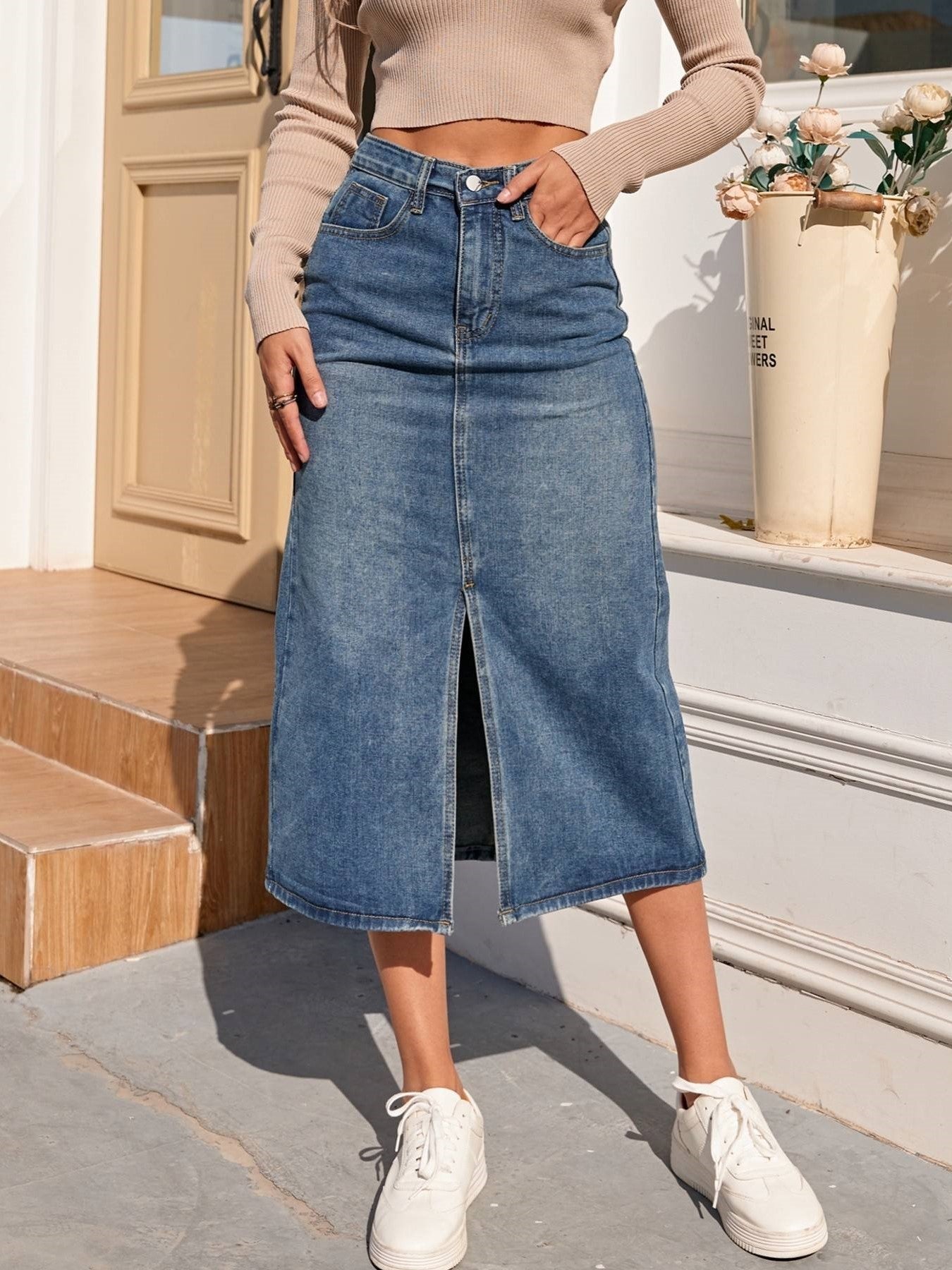 Denim Rok | Hoge taille | Split | Koker Rok | Midi Rok-Boutique Moda