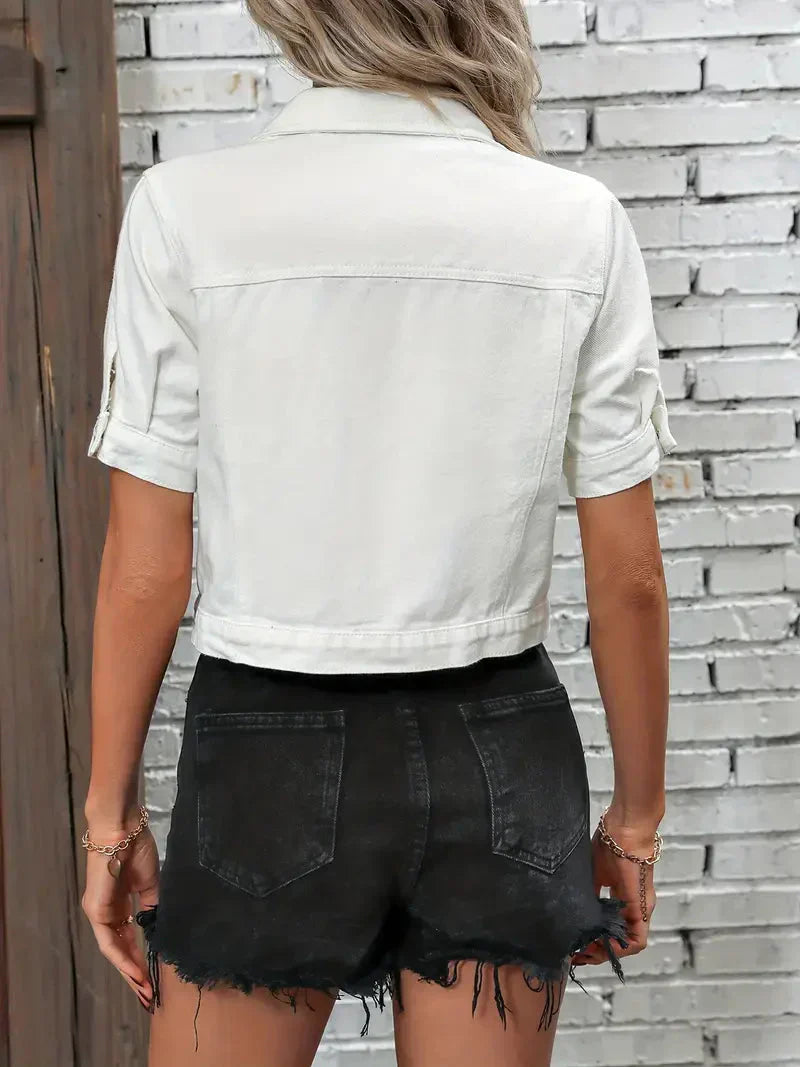 Denim jack met korte mouwen | Button-Up | Borstzakken | Jean jack met korte mouwen | Denim jack voor vrouwen-Boutique Moda