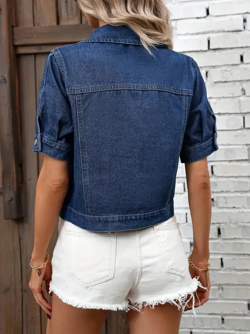 Denim jack met korte mouwen | Button-Up | Borstzakken | Jean jack met korte mouwen | Denim jack voor vrouwen-Boutique Moda