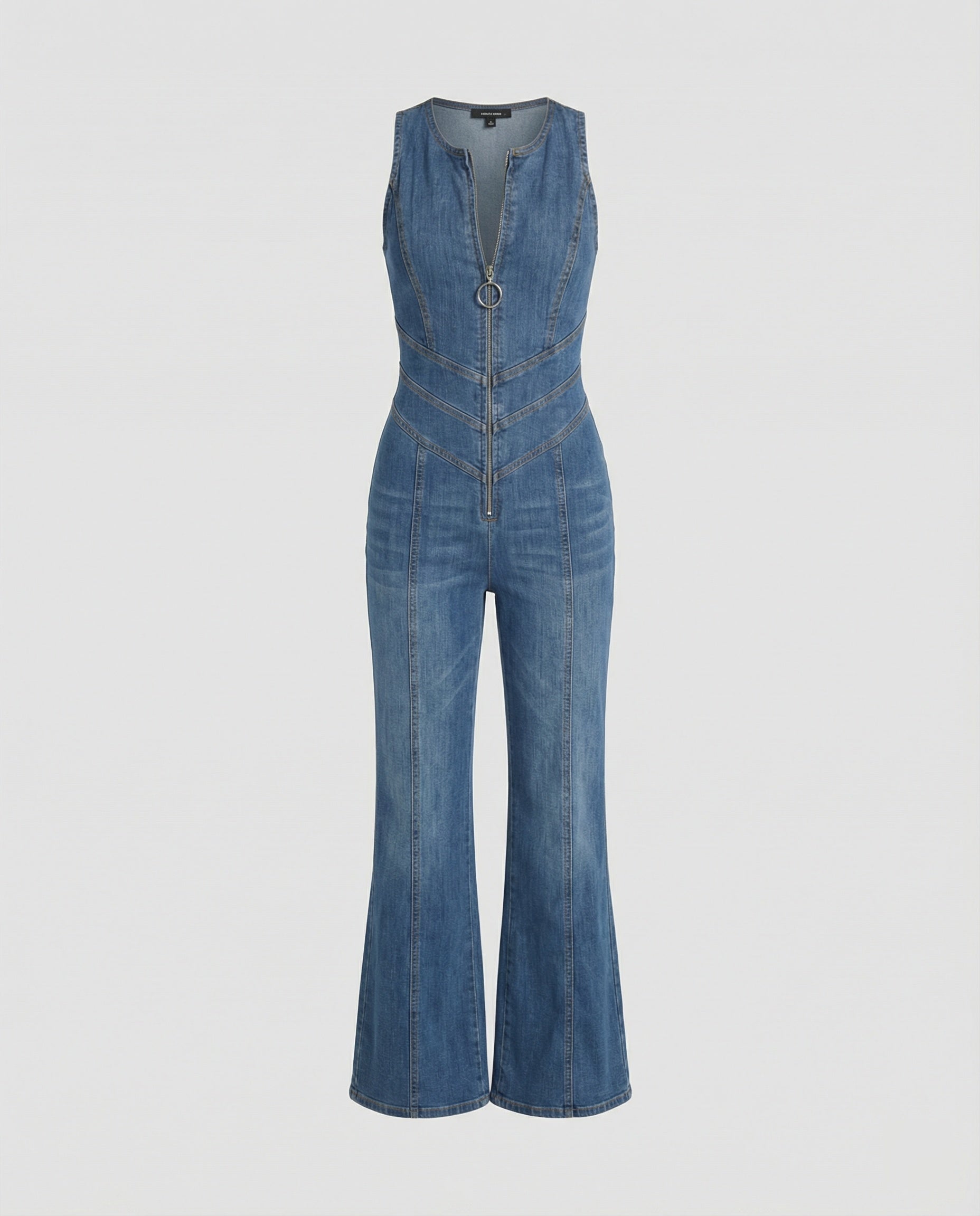 Denim jumpsuit | Mouwloos | Met rits | Jumpsuit met uitlopende pijpen | Damesmode-Boutique Moda