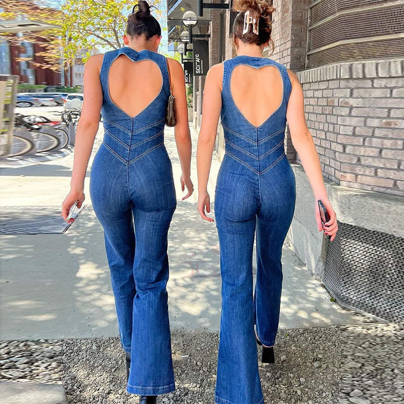 Denim jumpsuit - Mouwloos - Open rug - Uitlopende jumpsuit - Dameskleding-Boutique Moda