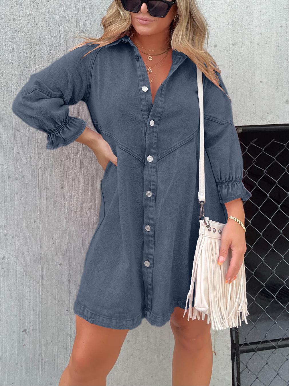 Denim jurk - Lange mouwen - Losse pasvorm - Mini denim jurk - Overhemdjurk-Boutique Moda