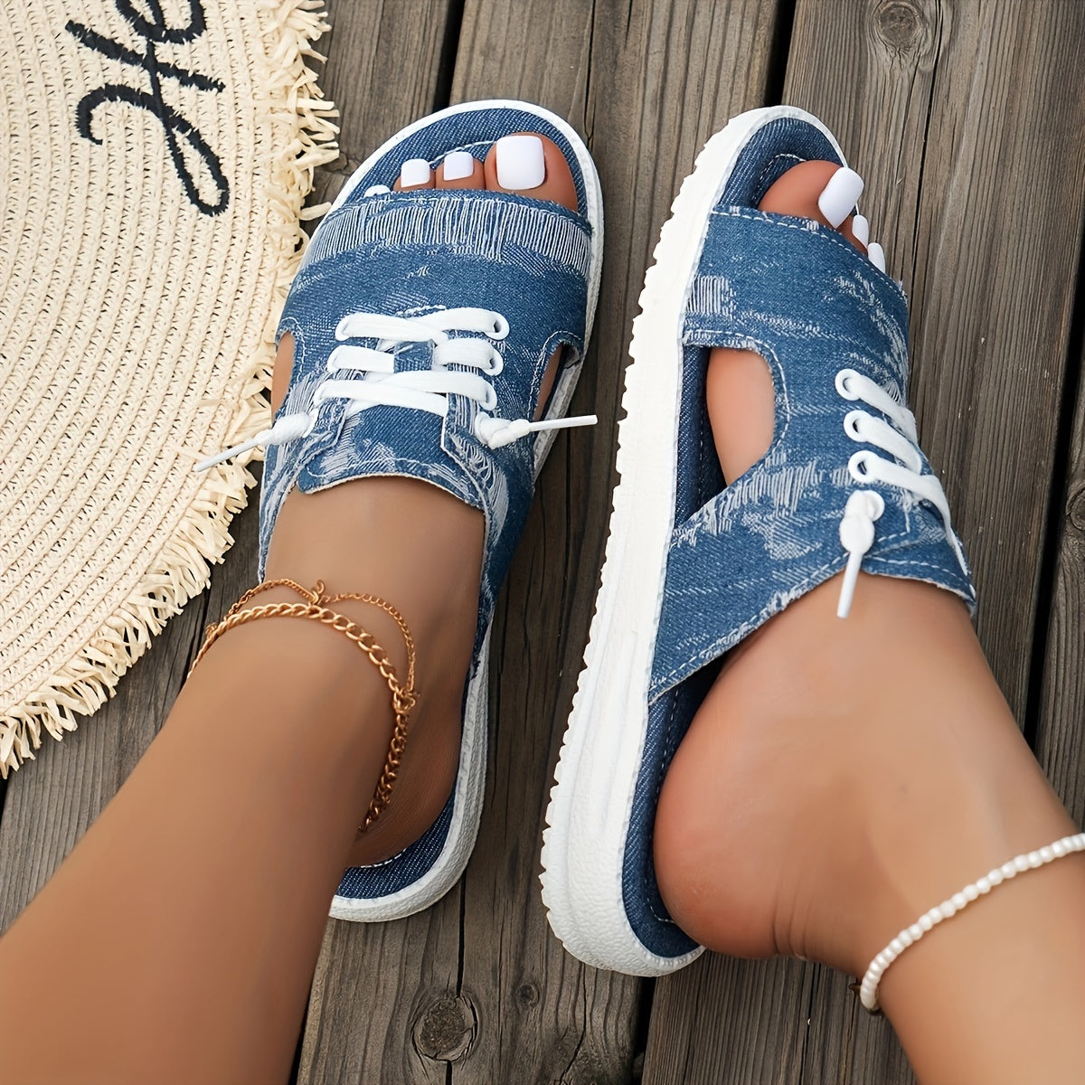 Denim sandalen - Plat - Slip-On - Comfortabel - Slides - Damesschoenen-Boutique Moda