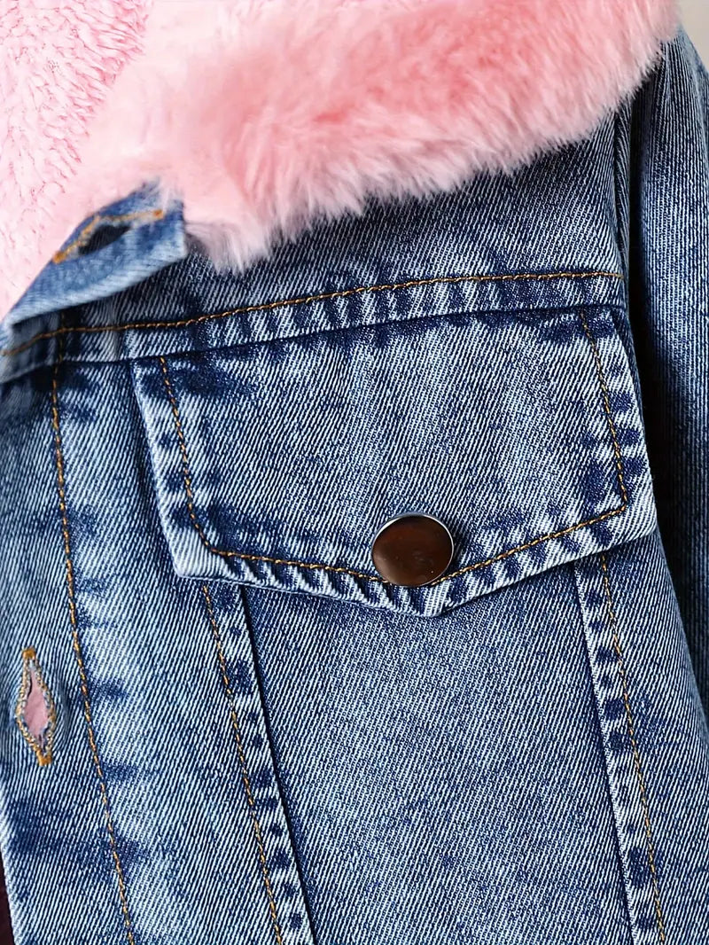 Denimjas met bontvoering - Roze-blauwe denimjas met capuchon voor meisjes-Boutique Moda