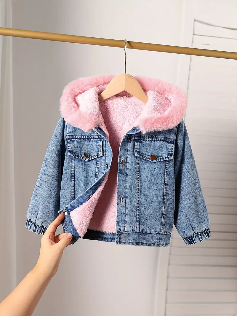 Denimjas met bontvoering - Roze-blauwe denimjas met capuchon voor meisjes-Boutique Moda