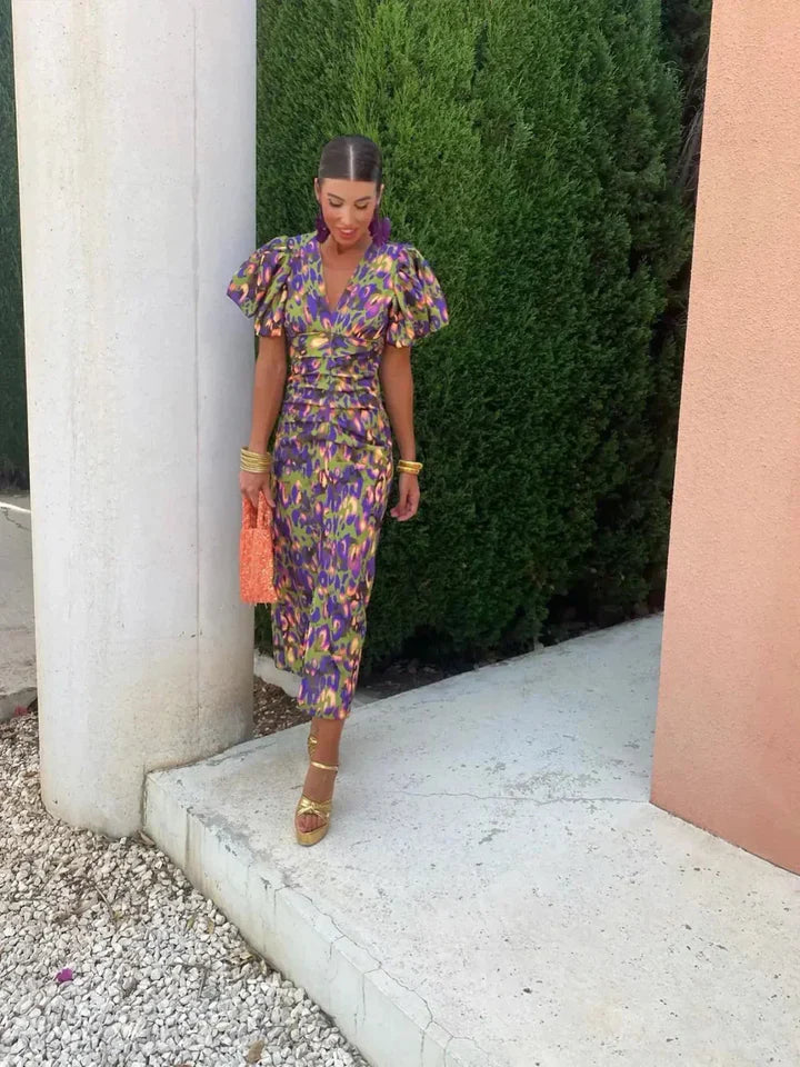Elegante Midi Cocktailjurk met Pofmouwen en V-hals – Bodycon Zomerjurk voor Dames-Boutique Moda