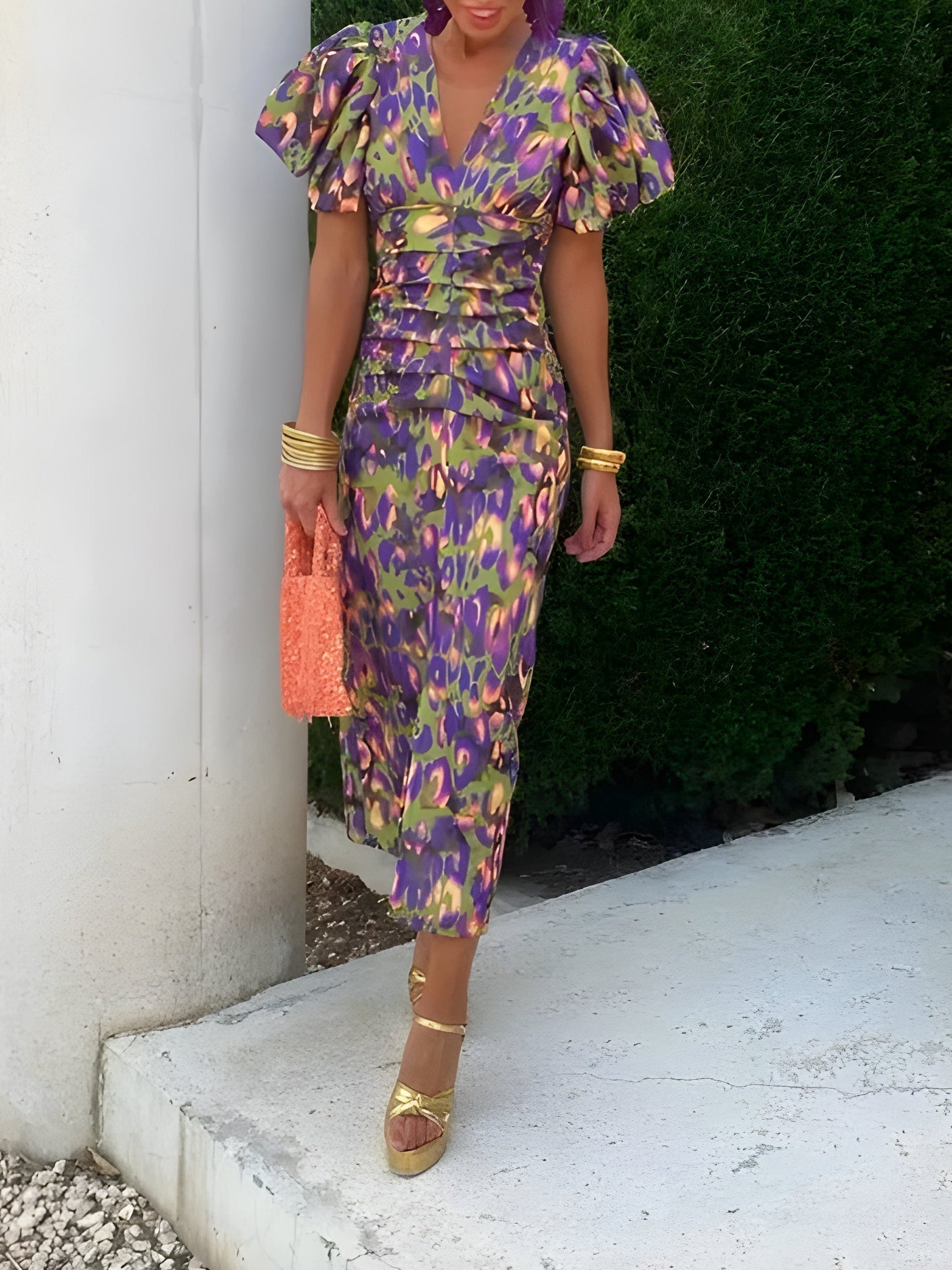 Elegante Midi Cocktailjurk met Pofmouwen en V-hals – Bodycon Zomerjurk voor Dames-Boutique Moda