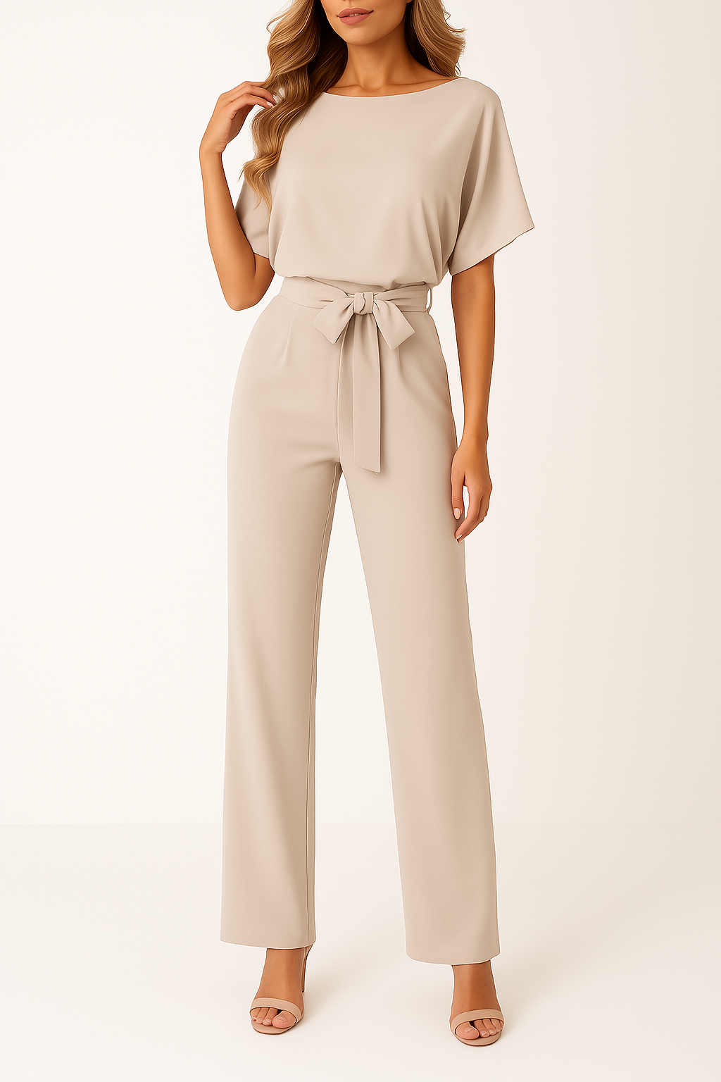 Elegante jumpsuit – Jumpsuit met korte mouwen en strikceintuur voor dames-Boutique Moda