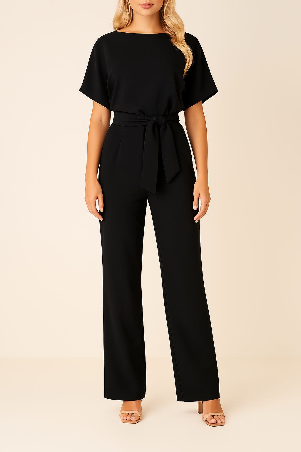 Elegante jumpsuit – Jumpsuit met korte mouwen en strikceintuur voor dames-Boutique Moda