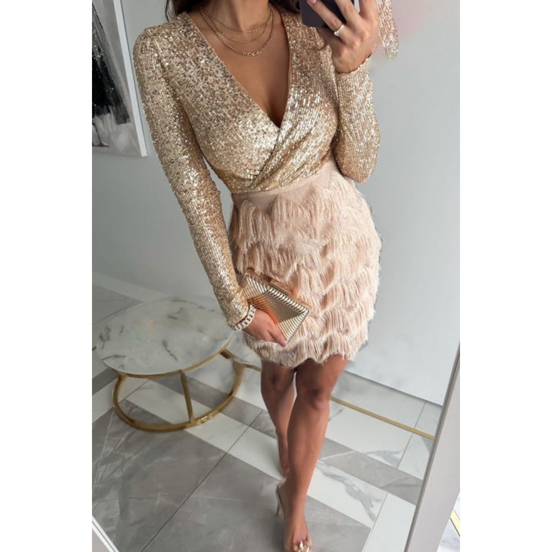 Feestjurk - Lange Mouw V-Hals Mini Pailletten Jurk-Boutique Moda