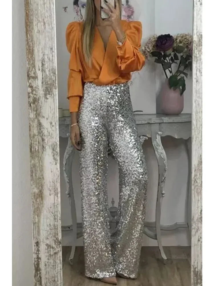 Fonkelende Broek | Glitter | Uitlopend | Feestbroek | Paillettenbroek Dames-Boutique Moda