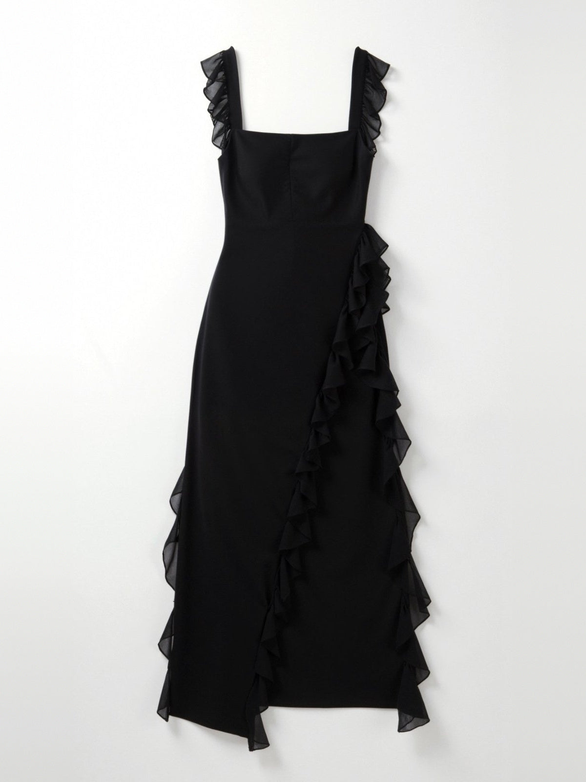 Zwarte maxi jurk met ruches en split, plat gefotografeerd | Boutique Moda