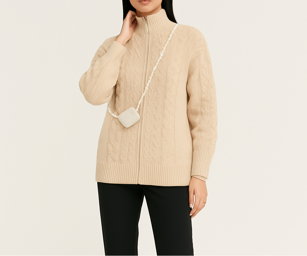 Gebreid vest - Dames crèmekleurig oversized vest met ritssluiting-Boutique Moda