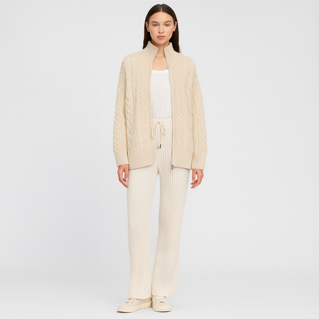 Gebreid vest - Dames crèmekleurig oversized vest met ritssluiting-Boutique Moda