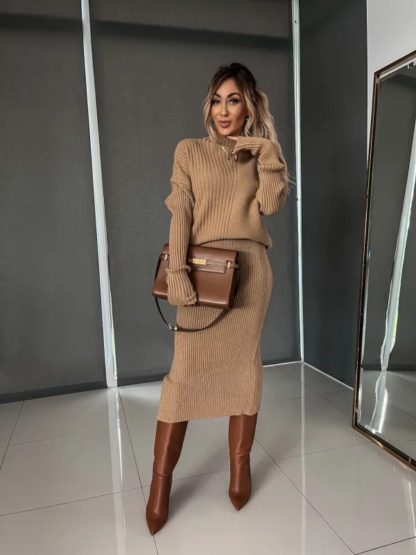 Gebreide Co-Ord - Dames Midi-rok en gebreide trui tweedelige set-Boutique Moda