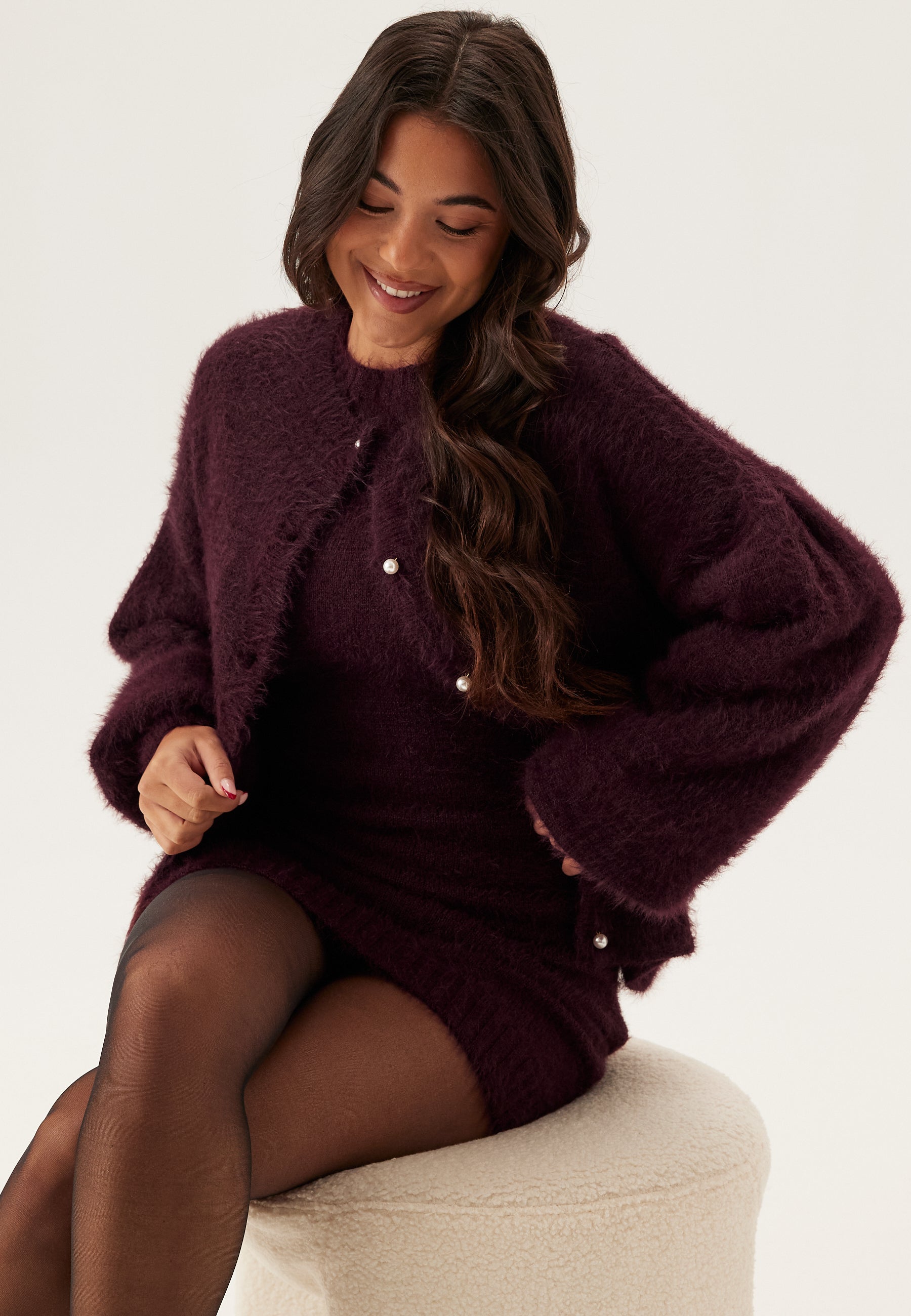 Gebreide mini-jurk | Pluizig | Lange mouwen | Bordeauxrode jurk | Jumperjurk-Boutique Moda