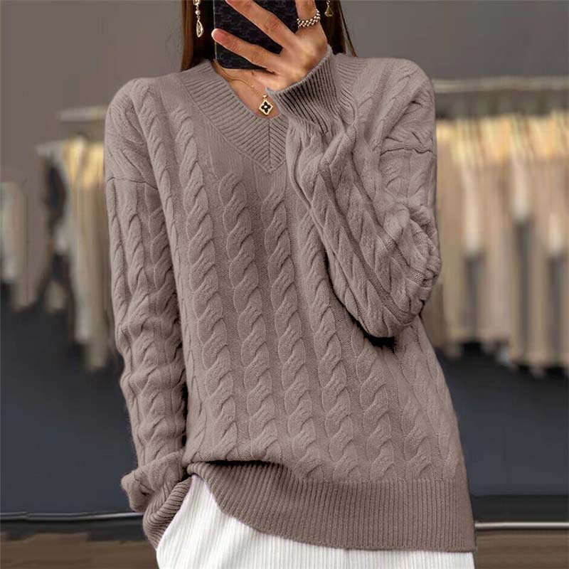 Gebreide trui - V-hals - Kabelgebreid - Gebreide trui - Damesbreiwerk-Boutique Moda