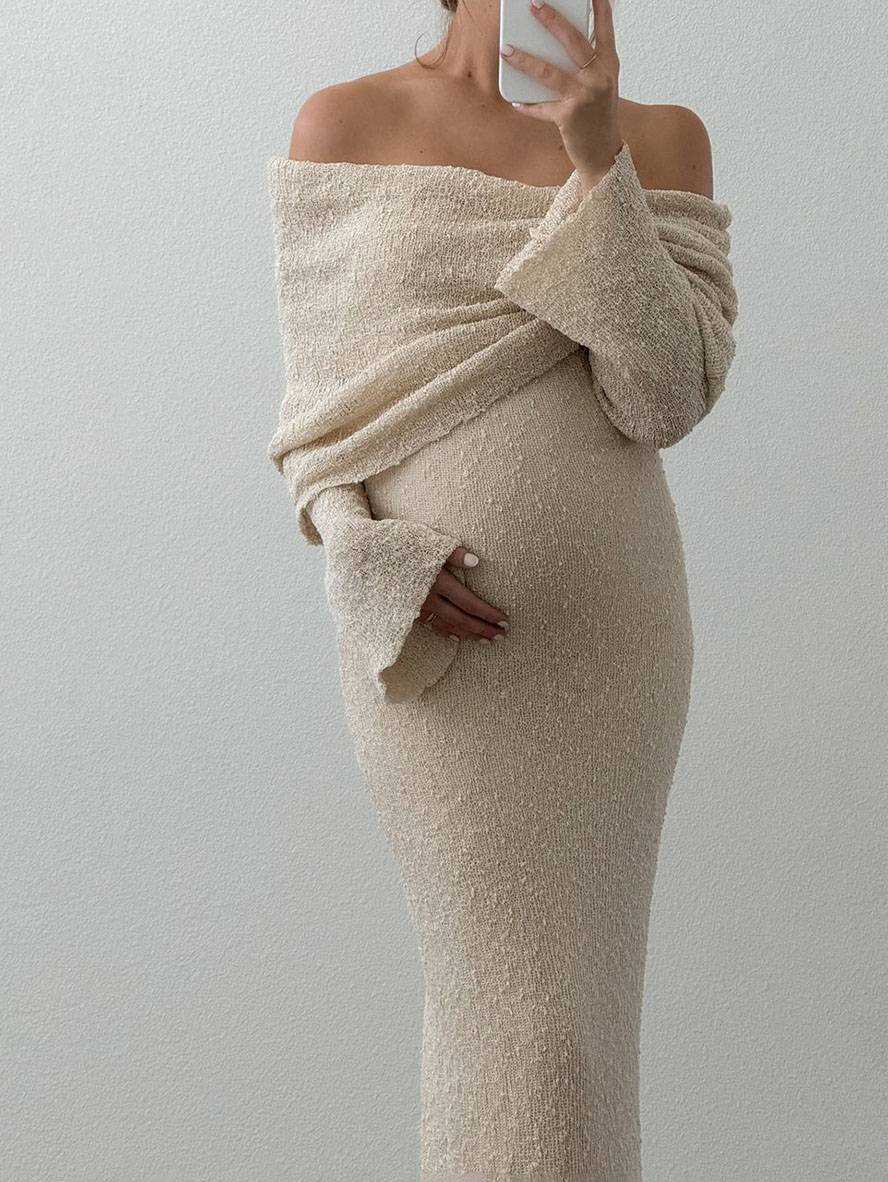 Gebreide zwangerschapsjurk – Maxi-jurk met lange mouwen en schouderloze halslijn-Boutique Moda