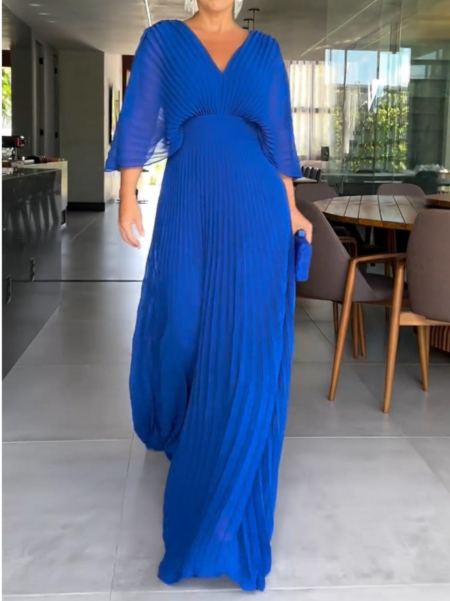 Geplooide Jurk | V-Hals | Vleermuismouw | Elegante Jurk | Maxi-jurk-Boutique Moda