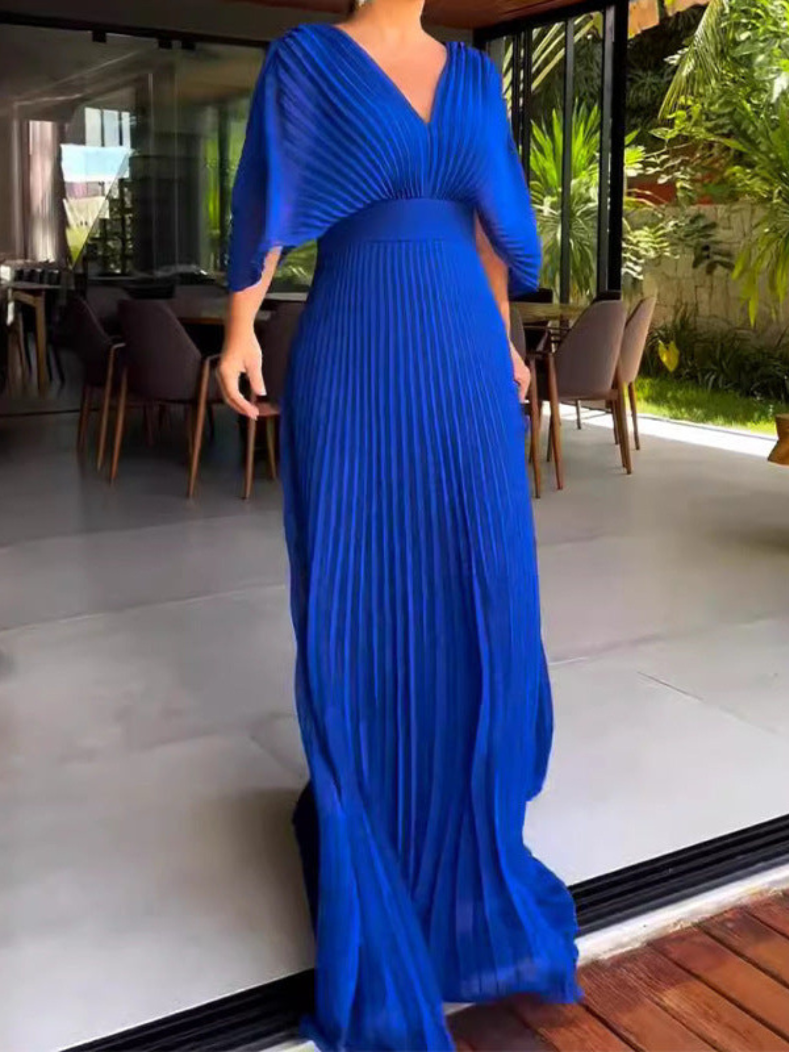 Geplooide Jurk | V-Hals | Vleermuismouw | Elegante Jurk | Maxi-jurk-Boutique Moda