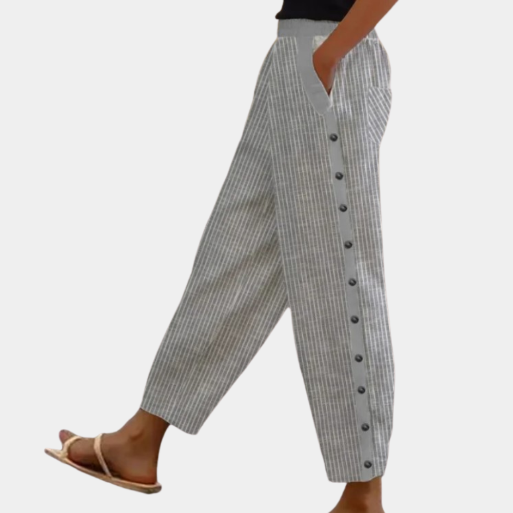 Gestreepte Broek - Losvallende linnen broek met knopen aan de zijkant voor dames, perfect voor de zomer-Boutique Moda